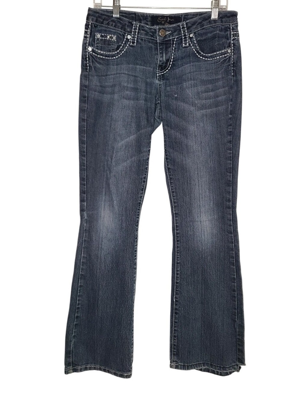 Earl Jean Blue Rhinestone Embellished Flap Back Pocket Bootcut Jeans Size 7